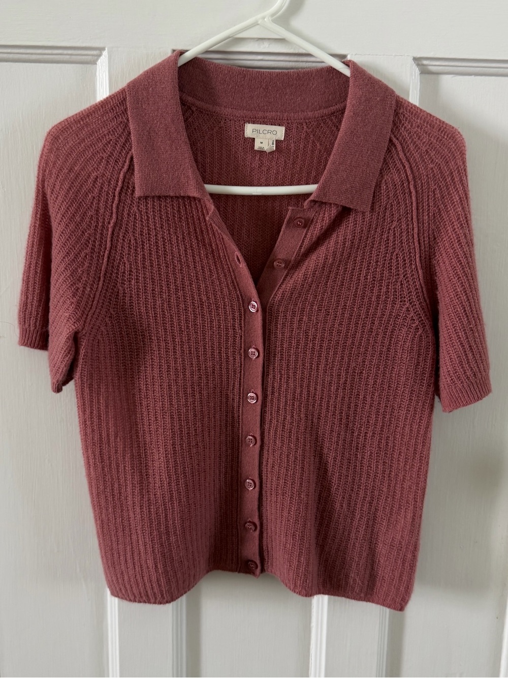 Pilcro Dusty Rose Ribbed Cashmere Polo Cardigan